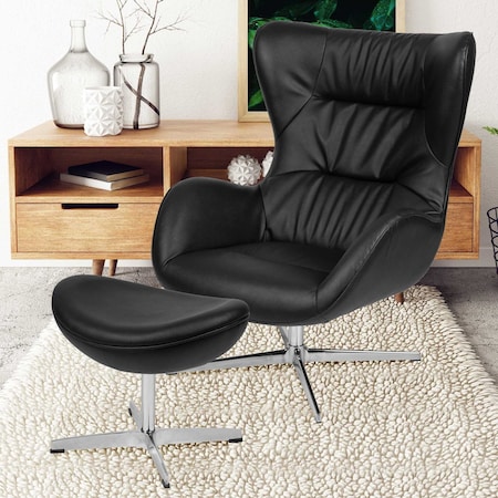Flash Furniture Black LeatherSoft Swivel Wing Chair and Ottoman Set ZB-WING-CH-OT-BK-LEA-GG